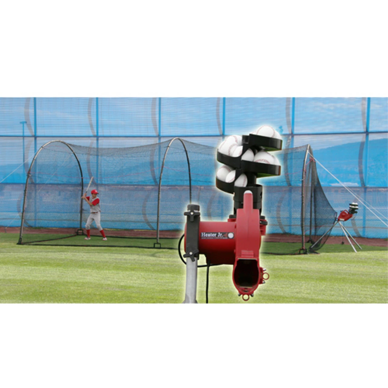 Heater Sports Heater Jr Real Ball Pitching Machine With Ball Feeder And 24' Xtender Cage